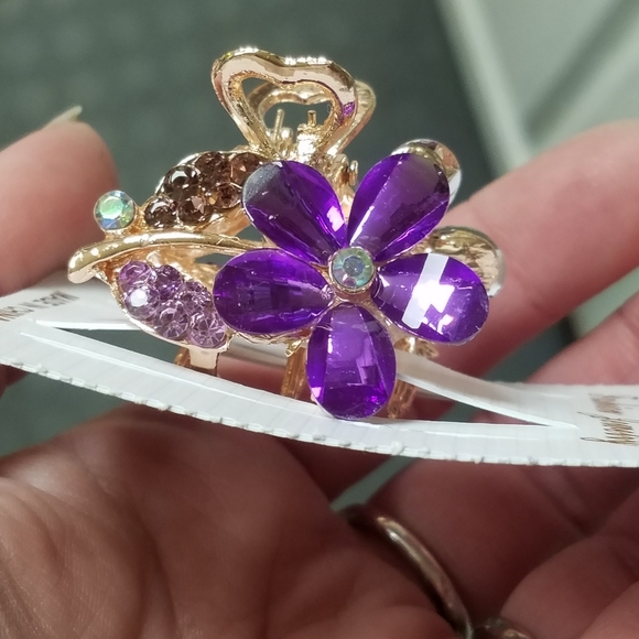 NWT Small Purple Gems & Rose Gold Enamel Flower Hair Clip! - Picture 2 of 16
